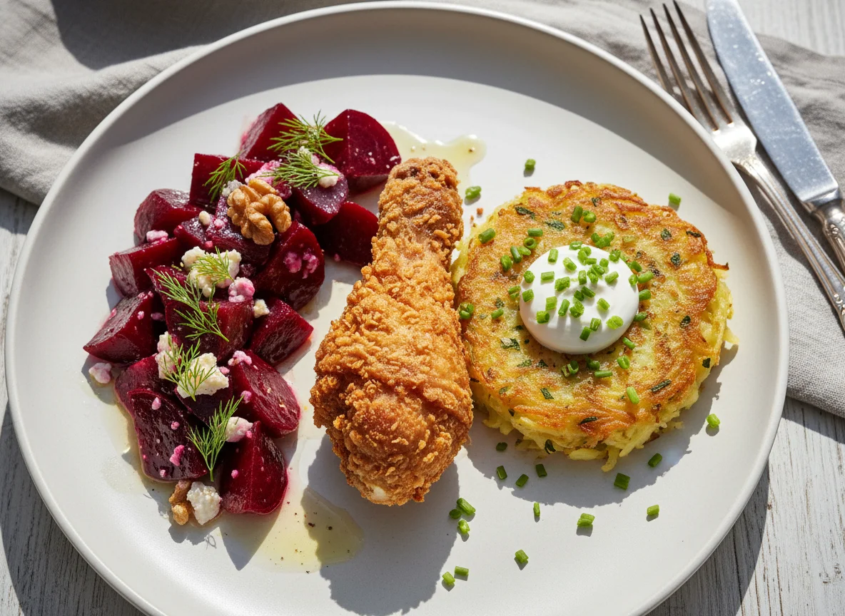 Beetroot Salad and Fried Chicken with Potato Patty photo