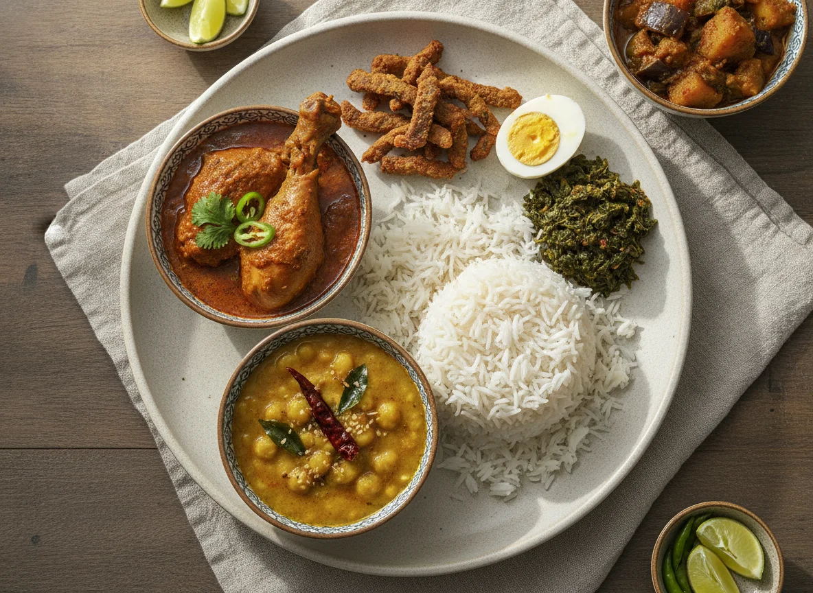 Bengali Thali with Chicken Curry, Rice, and Sides photo