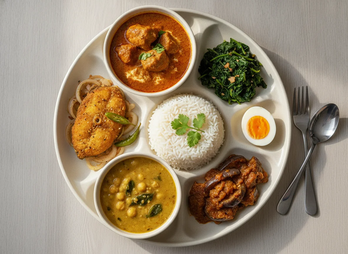 Bengali Thali with Fried Fish Fillet photo