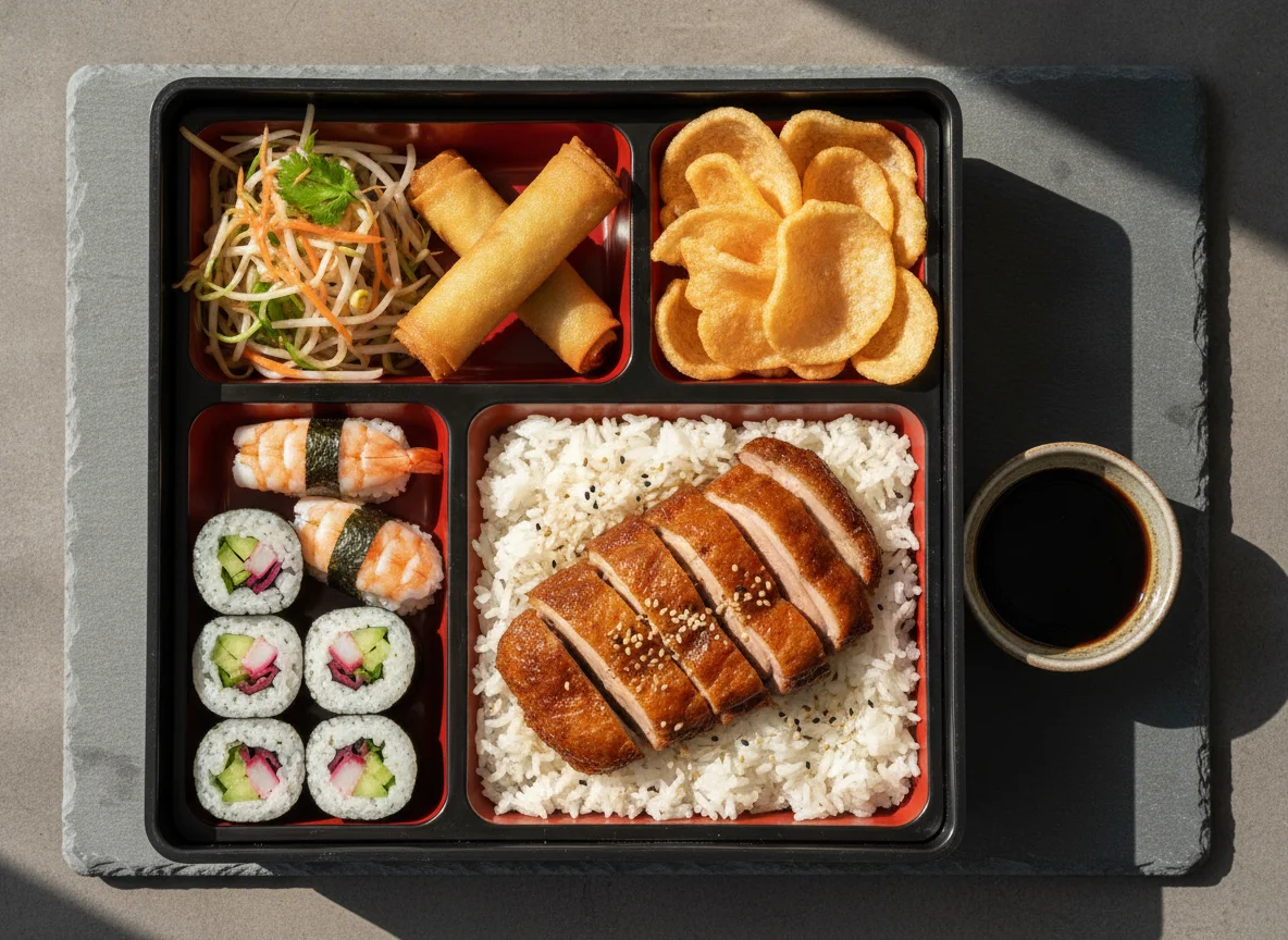 Bento Box with Crispy Duck and Sushi photo