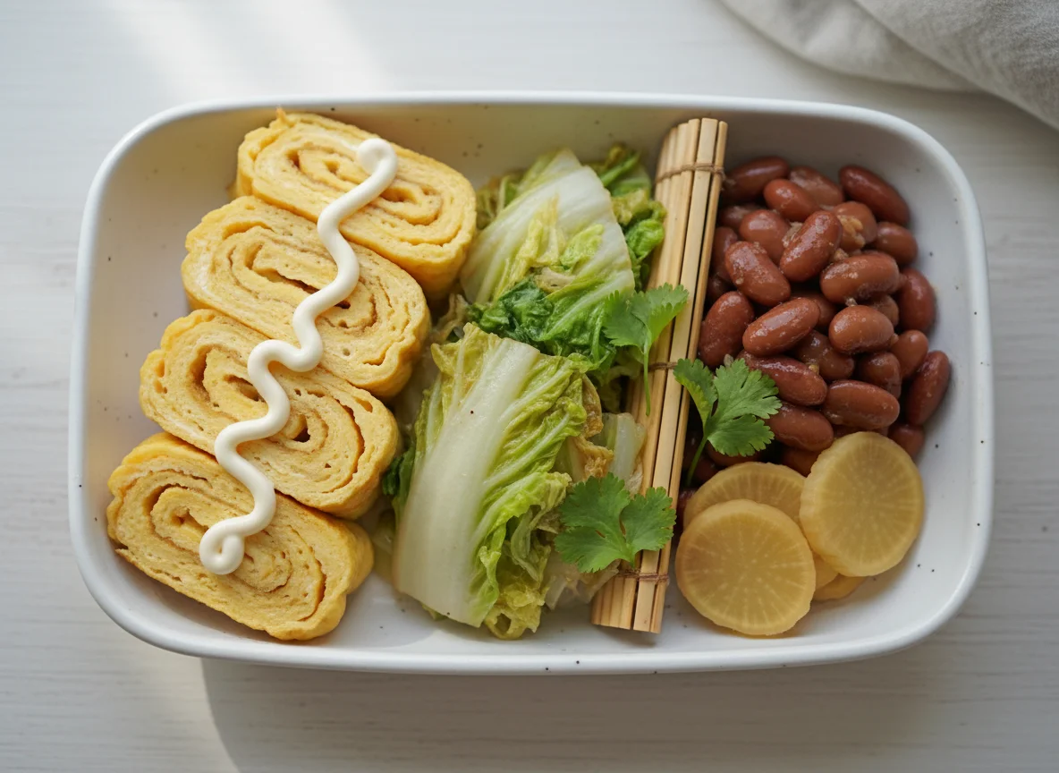 Bento Box with Omelette, Cabbage, and Beans photo