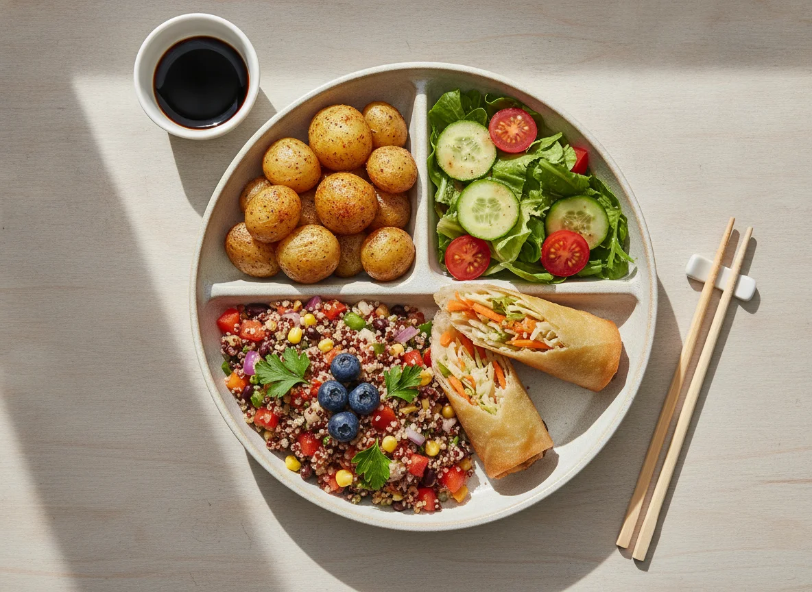 Bento box with quinoa salad, roasted potatoes, spring roll and garden salad photo