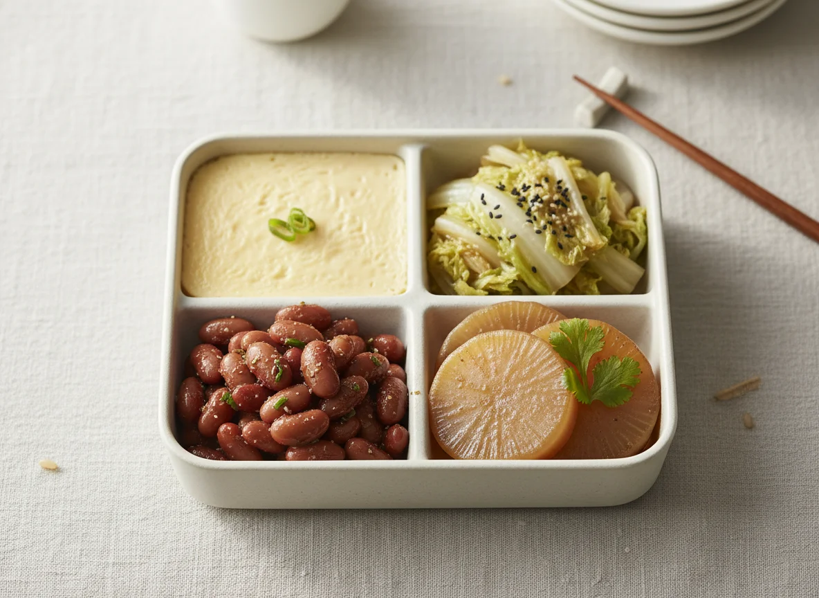 Bento Box with Steamed Egg, Cabbage, and Kidney Beans photo