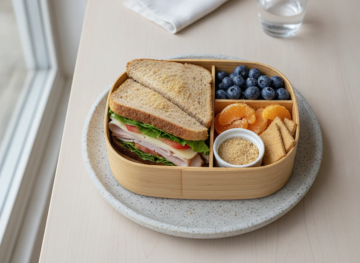 Bento Lunch Box with Sandwich and Fruit photo