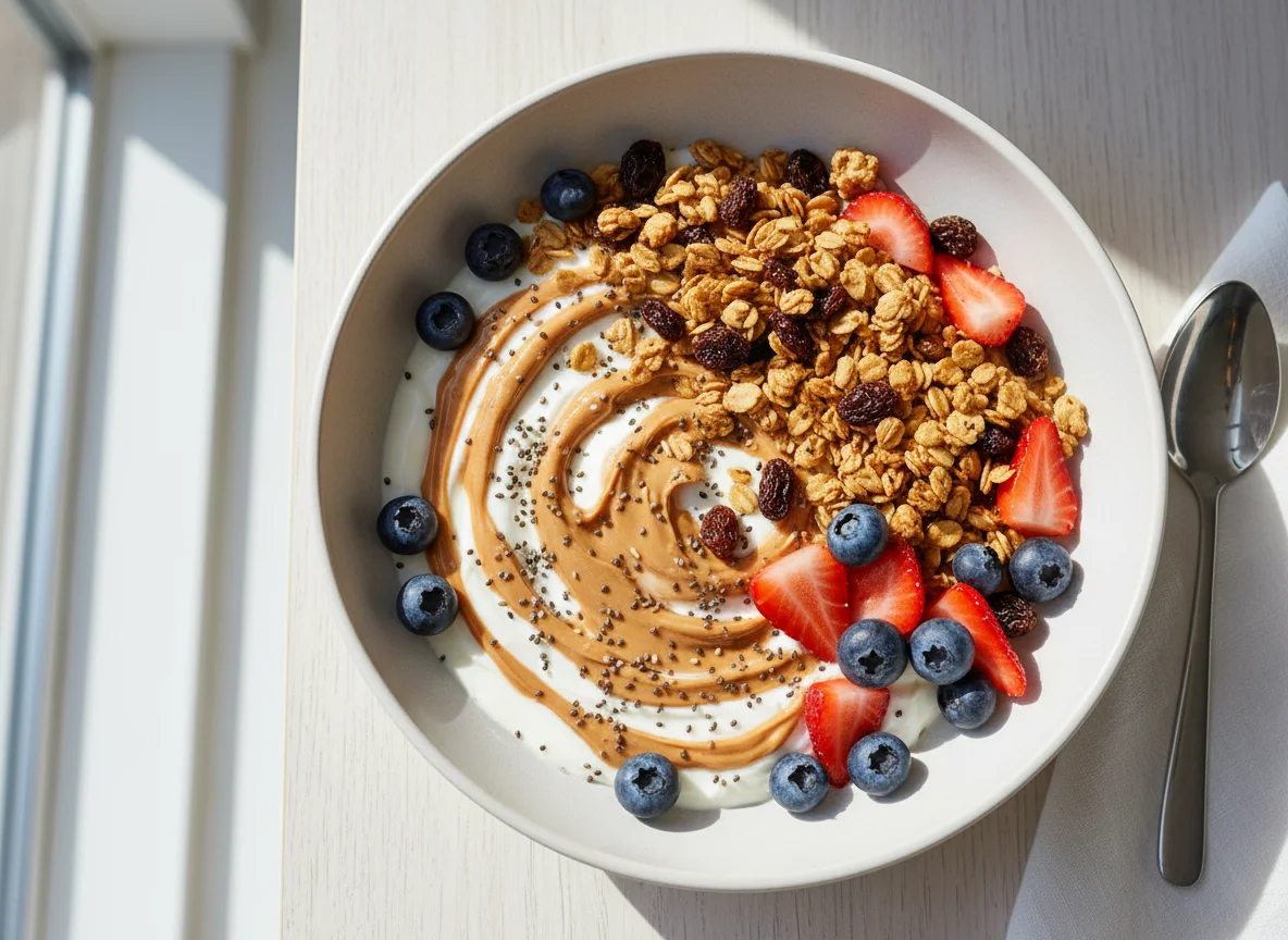 Berry and Granola Yogurt Bowl with Peanut Butter photo