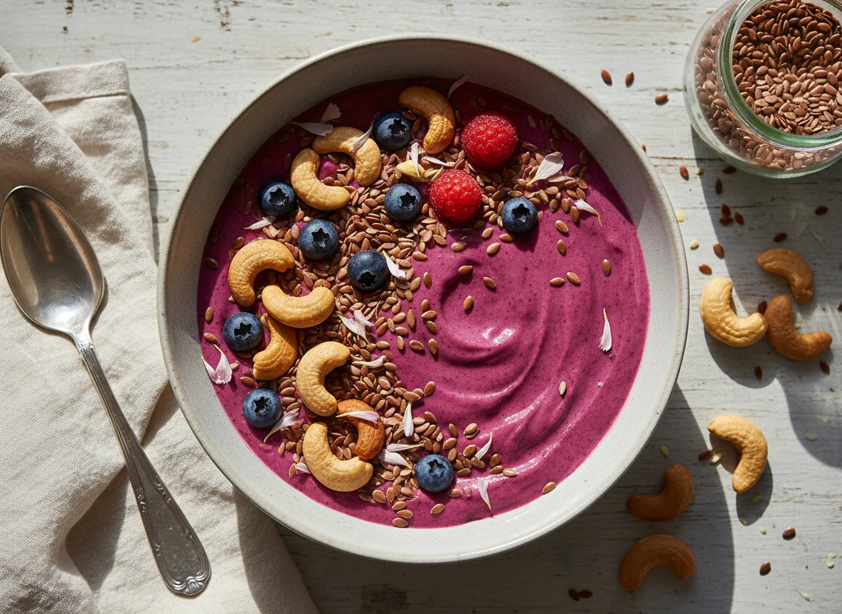 Berry Smoothie Bowl with Flax Seeds and Cashews photo