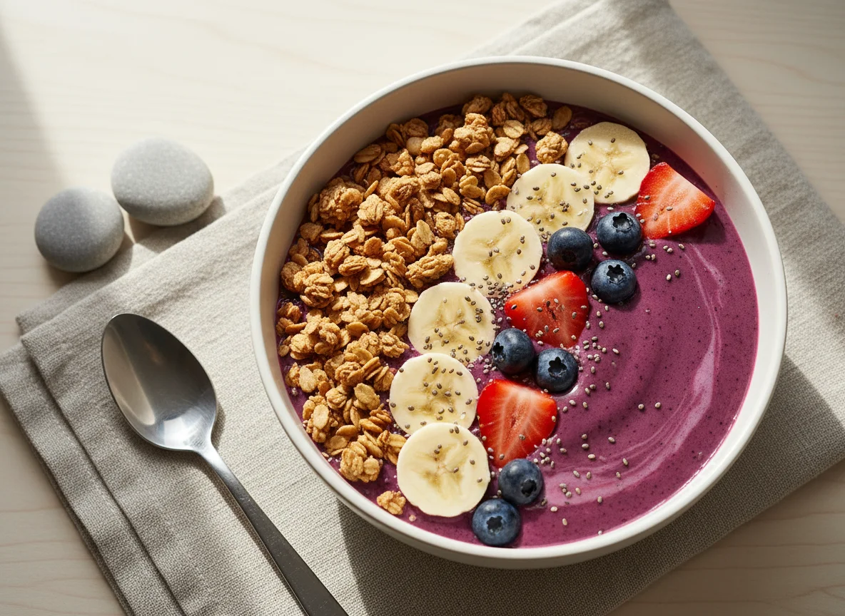 Berry Smoothie Bowl with Granola and Fruit photo