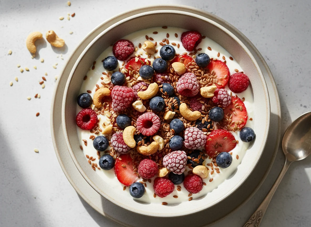 Berry Yogurt Bowl with Cashews and Flax Seeds photo