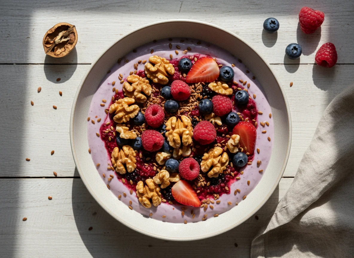 Berry Yogurt Bowl with Walnuts and Flax Seeds photo