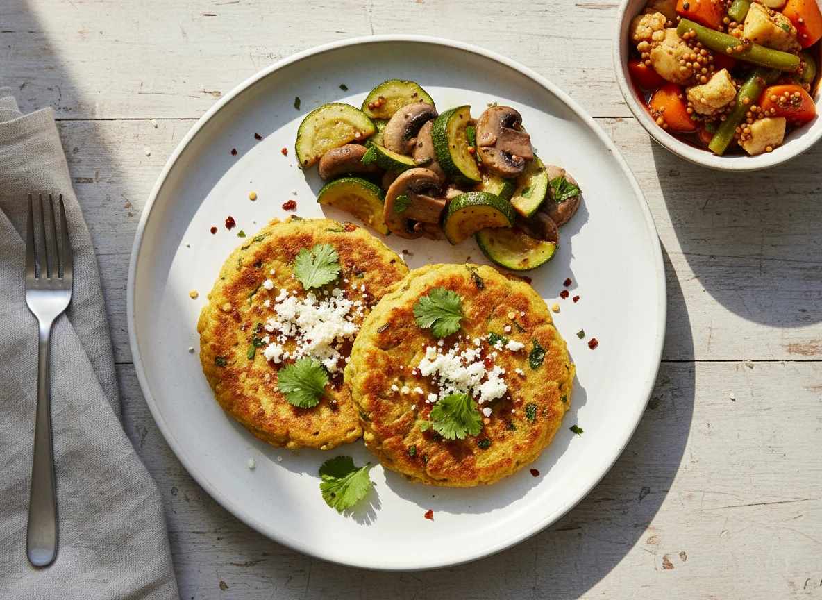 Besan and Paneer Chilla with Sauteed Vegetables and Pickle photo
