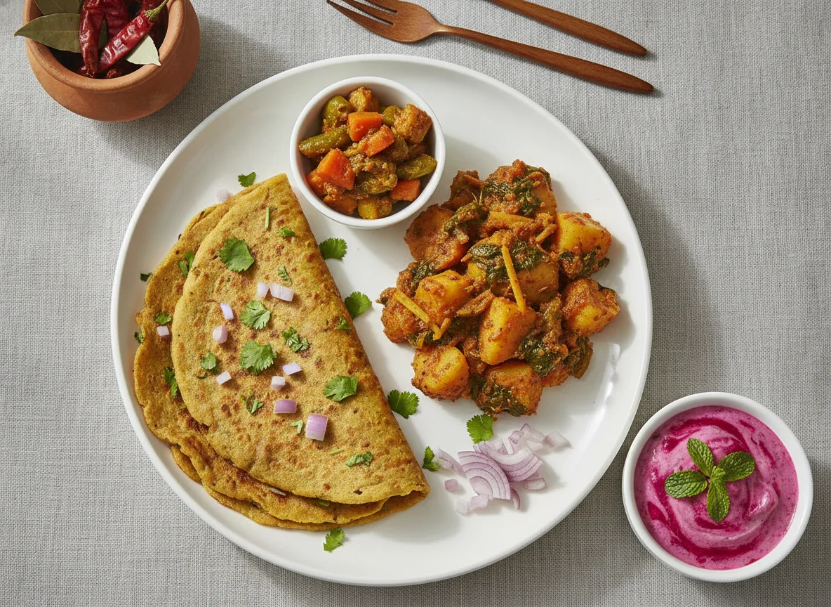 Besan Chilla with Aloo Saag and Pickle photo