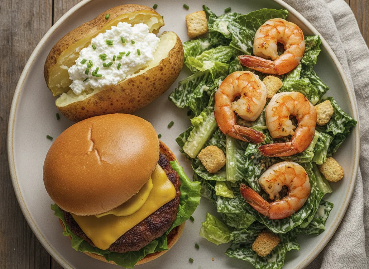 Beyond burger with baked potato, caesar salad and shrimp photo
