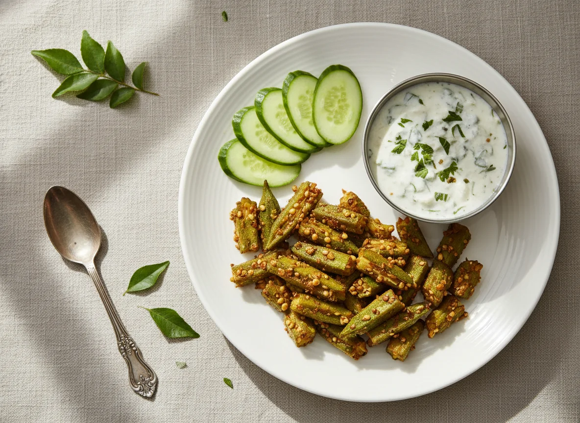 Bhindi Fry with Raita and Cucumber photo