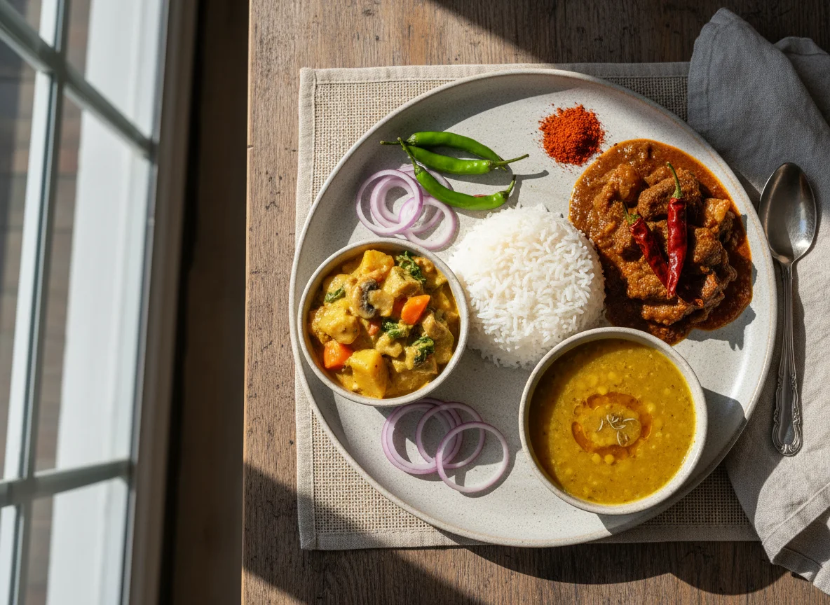 Bhutanese Rice Meal with Curry and Vegetables photo