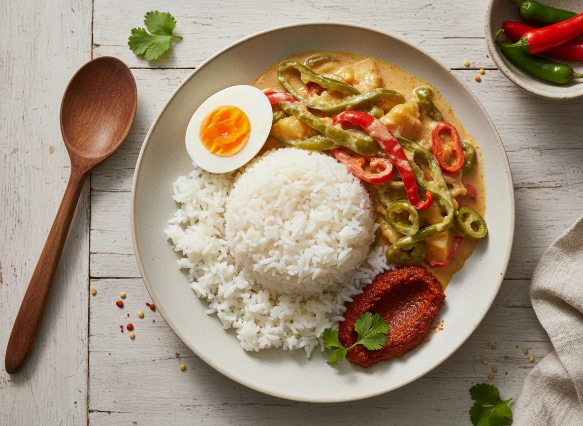 Bhutanese Rice with Curry, Eggs, and Chili photo