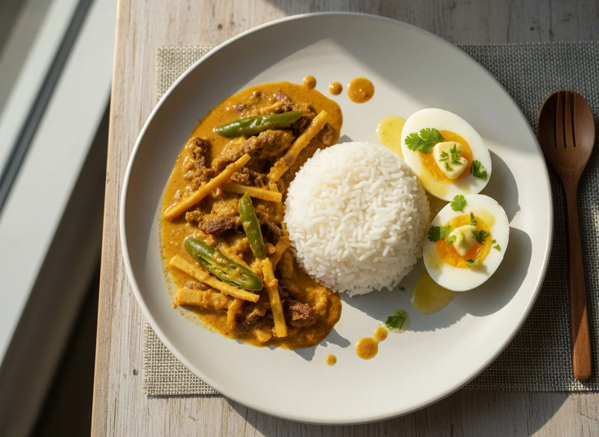 Bhutanese style meal with rice, eggs, and vegetable curry photo