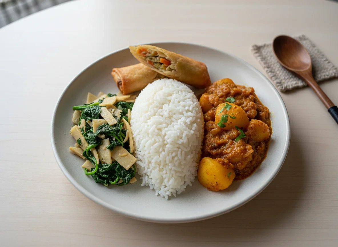 Bhutanese style rice meal with curry and vegetables photo