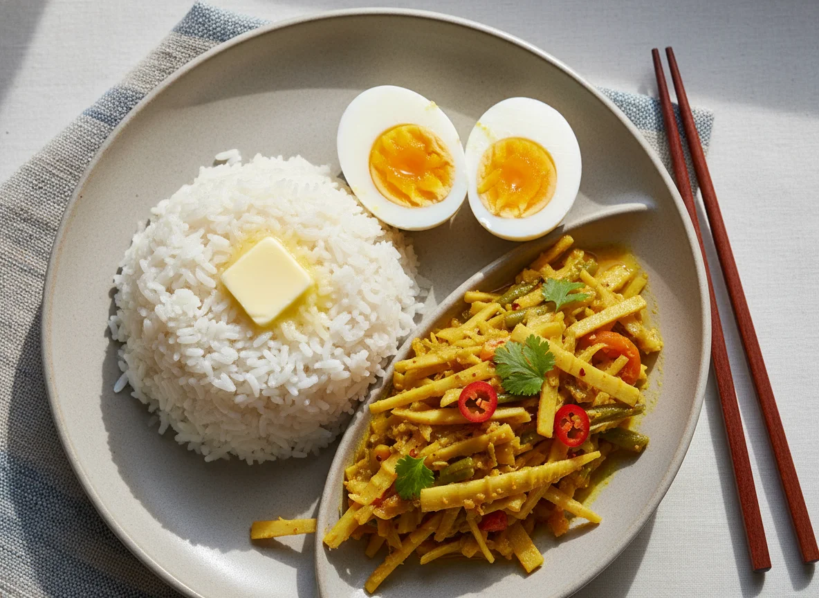 Bhutanese style rice with eggs and vegetable curry photo