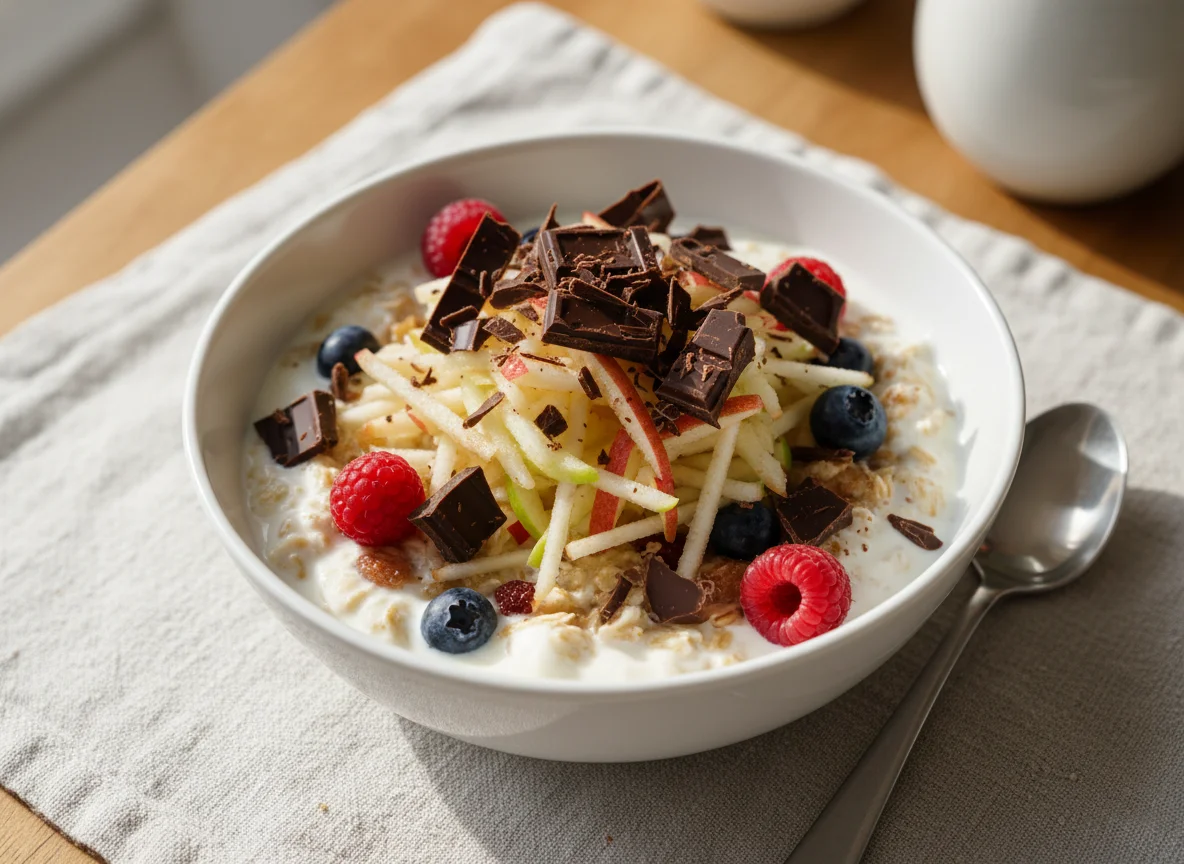 Birchermüesli with apple and dark chocolate photo