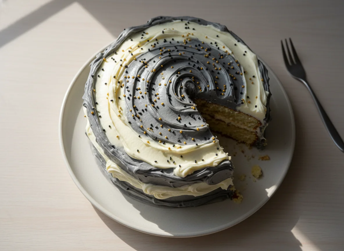Birthday Cake with Grey and White Icing photo