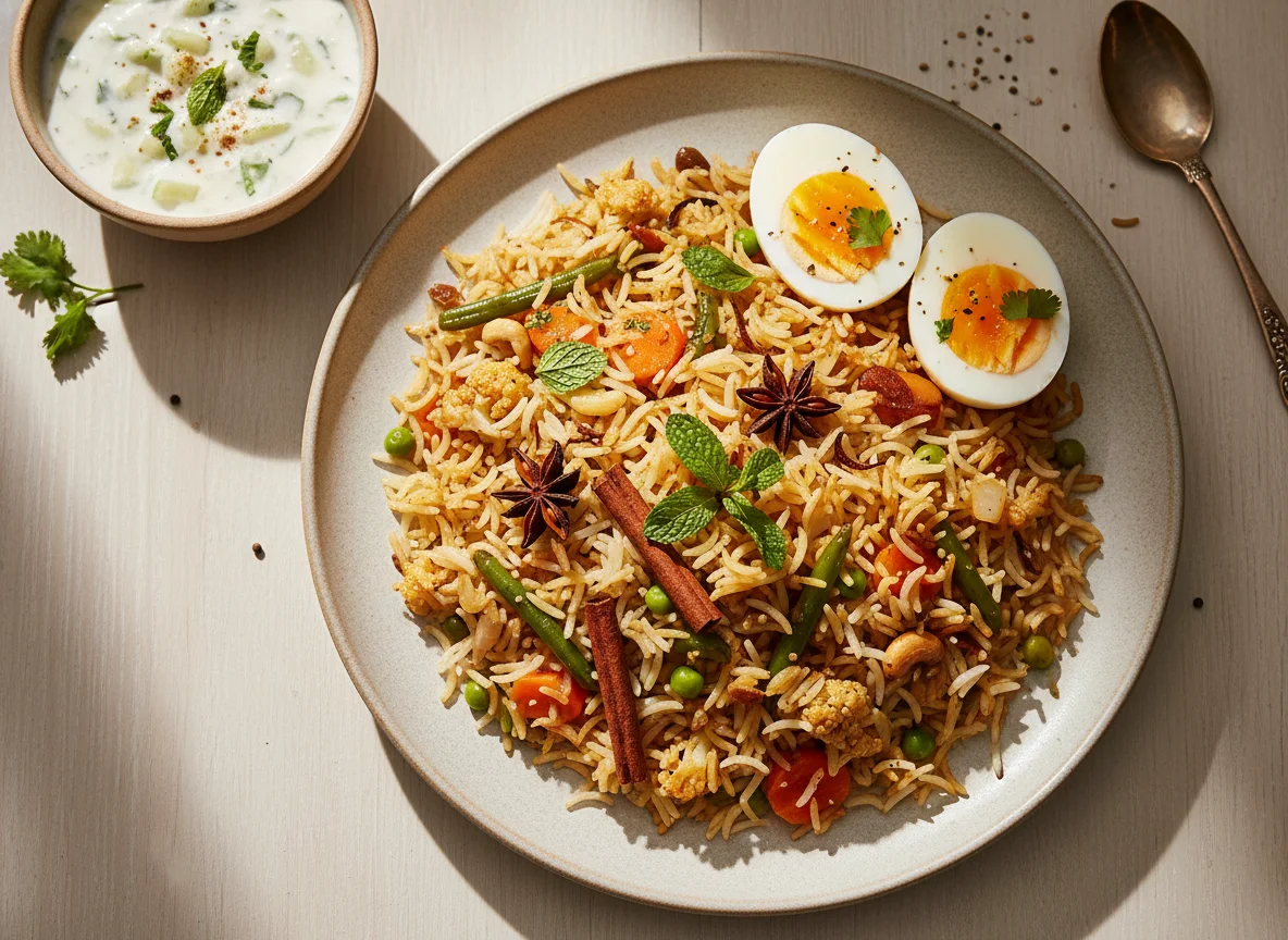 Biryani with Boiled Eggs and Raita photo