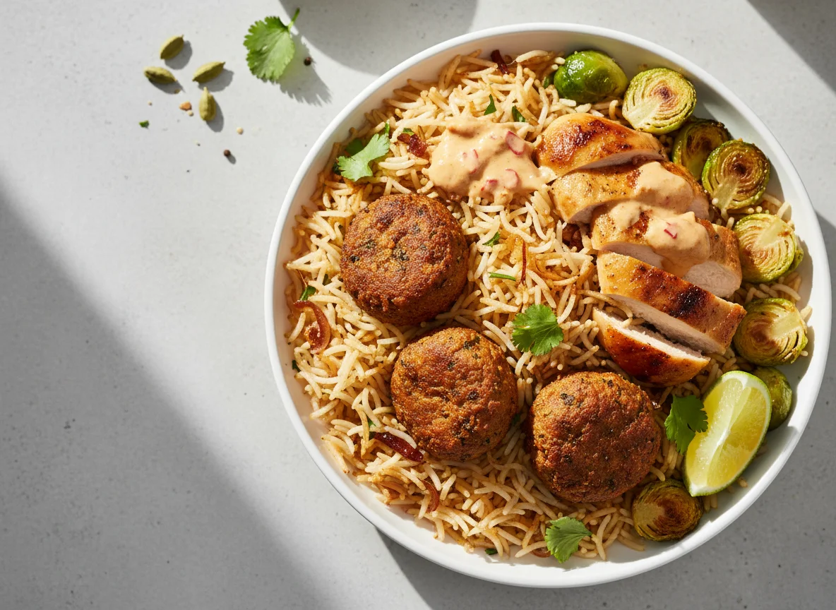 Biryani with Kofta, Chicken and Brussels Sprouts photo