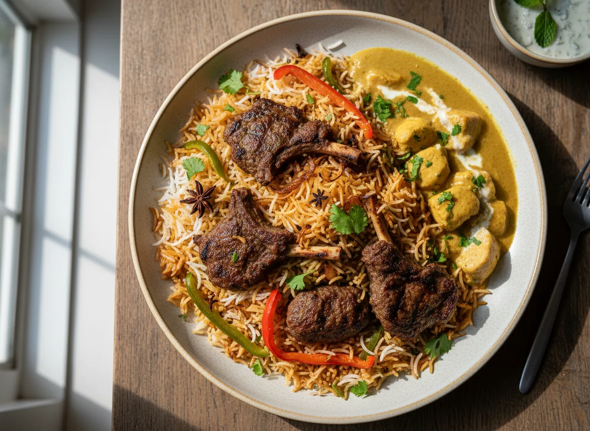 Biryani with Meat and Creamy Chicken photo