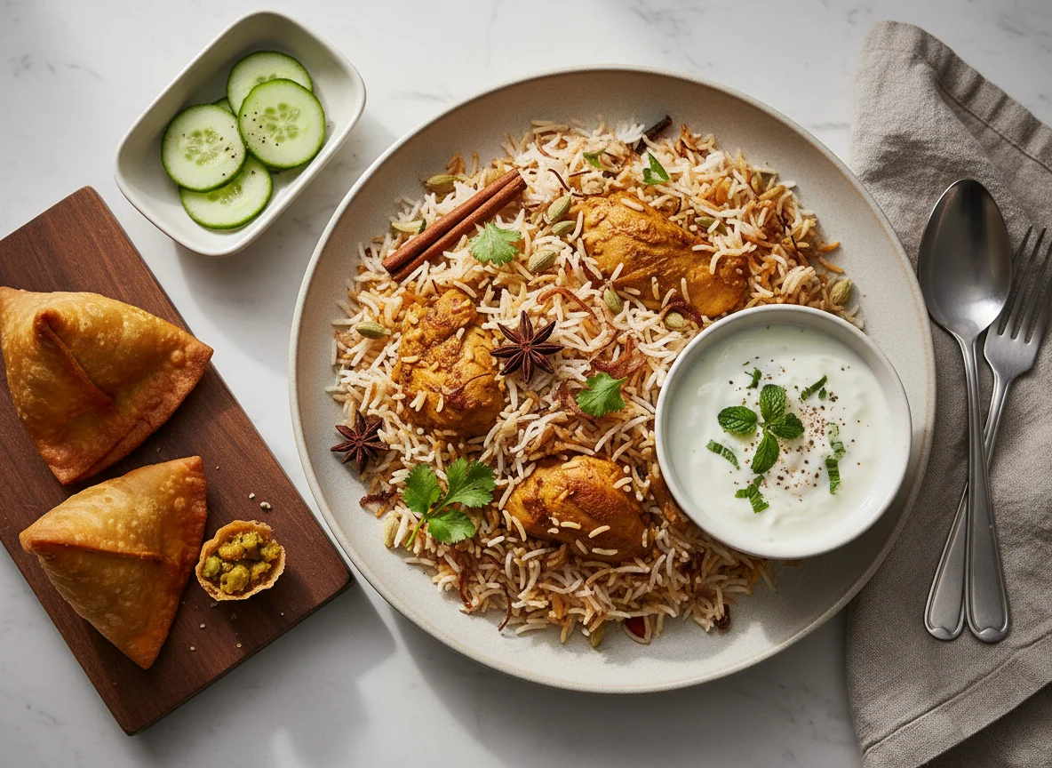 Biryani with Raita and Cucumber photo