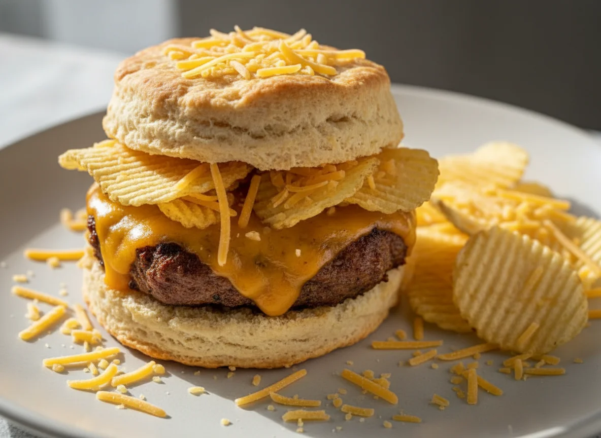 Biscuit sandwich with chips and shredded cheese photo