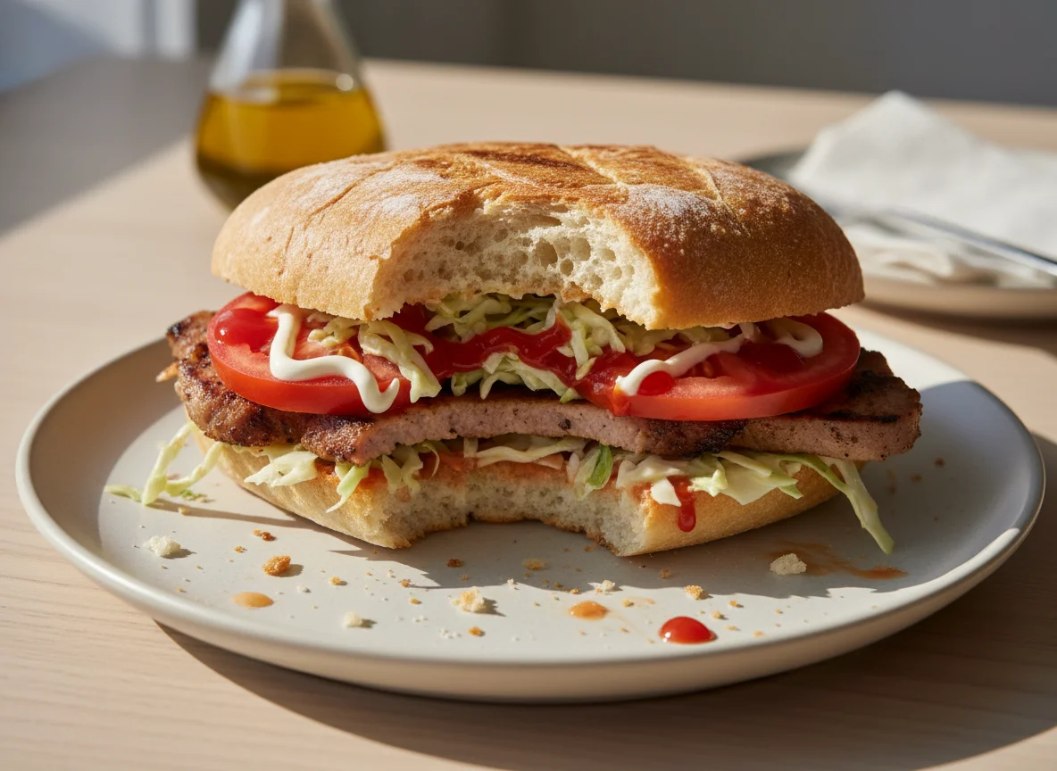 Bitten Sandwich with Meat and Vegetables photo