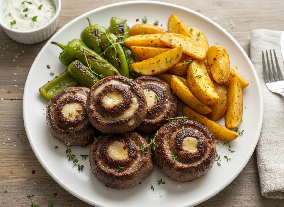 Black Angus Beef Rolls with Potato Wedges and Grilled Peppers photo