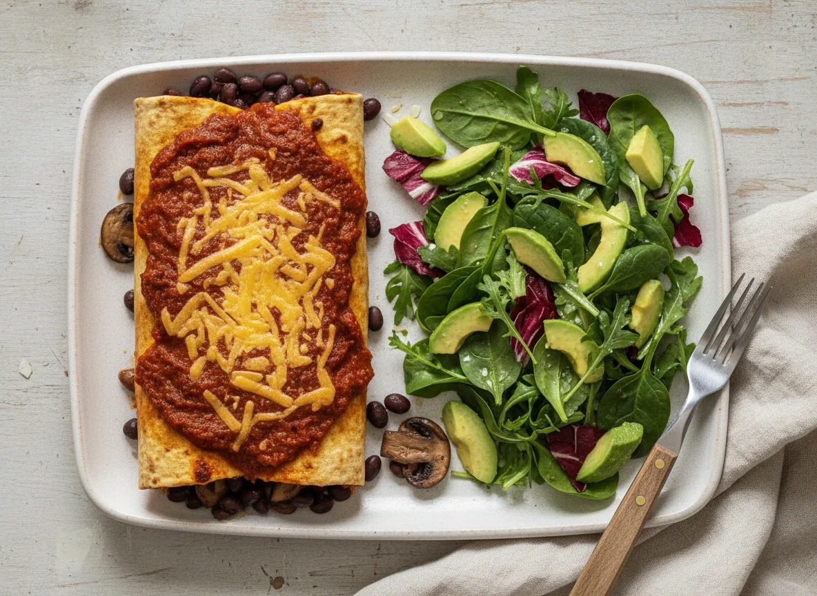 Black Bean and Chestnut Mushroom Enchiladas with Vegan Cheddar and Avocado Salad photo