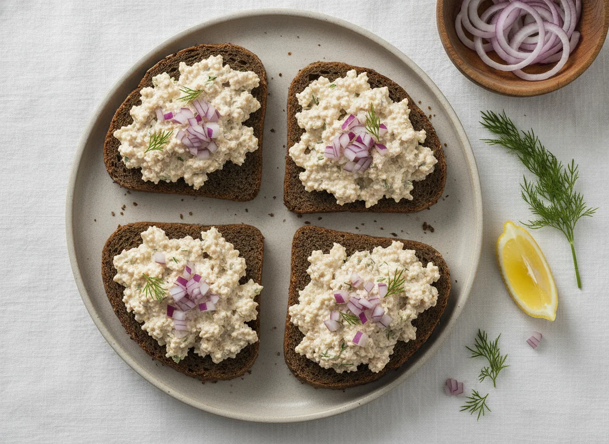 Black bread with fish roe salad photo
