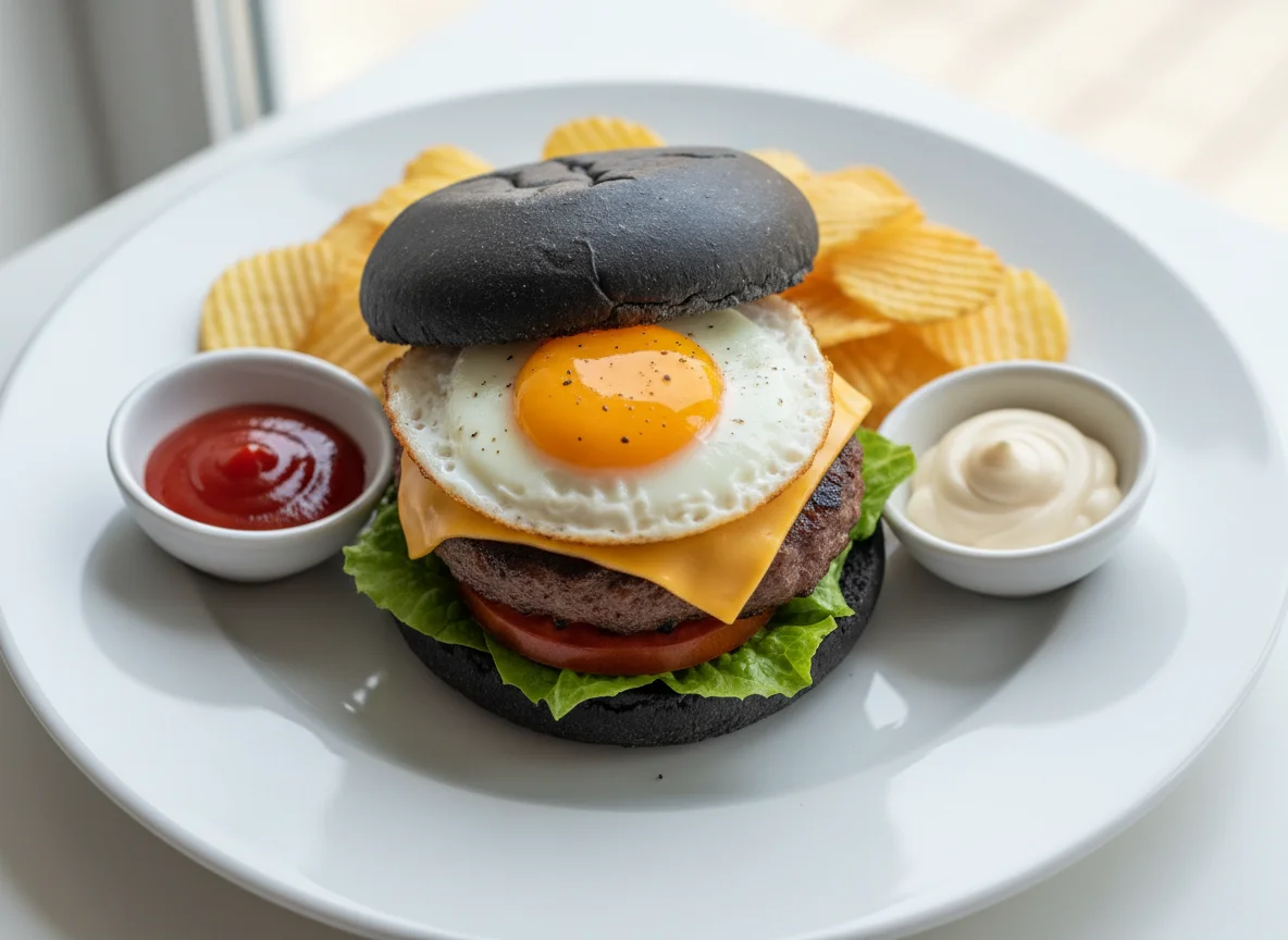 Black bun burger with fried egg, crisps, ketchup and mayonnaise photo