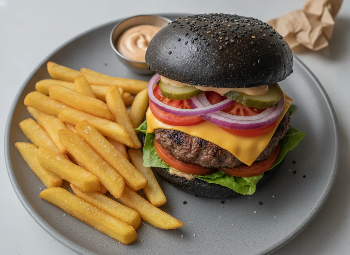 Black Bun Cheeseburger with French Fries photo