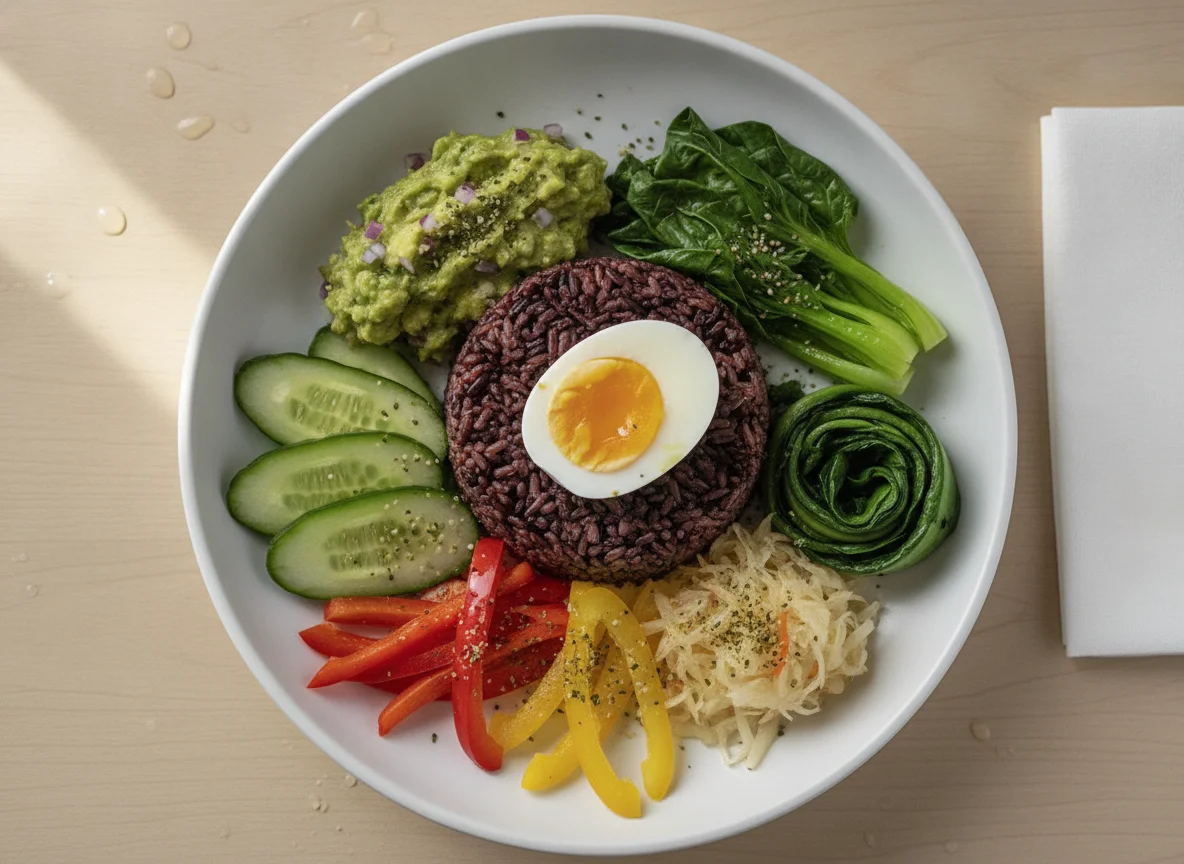 Black Rice and Vegetable Bowl with Egg and Guacamole photo