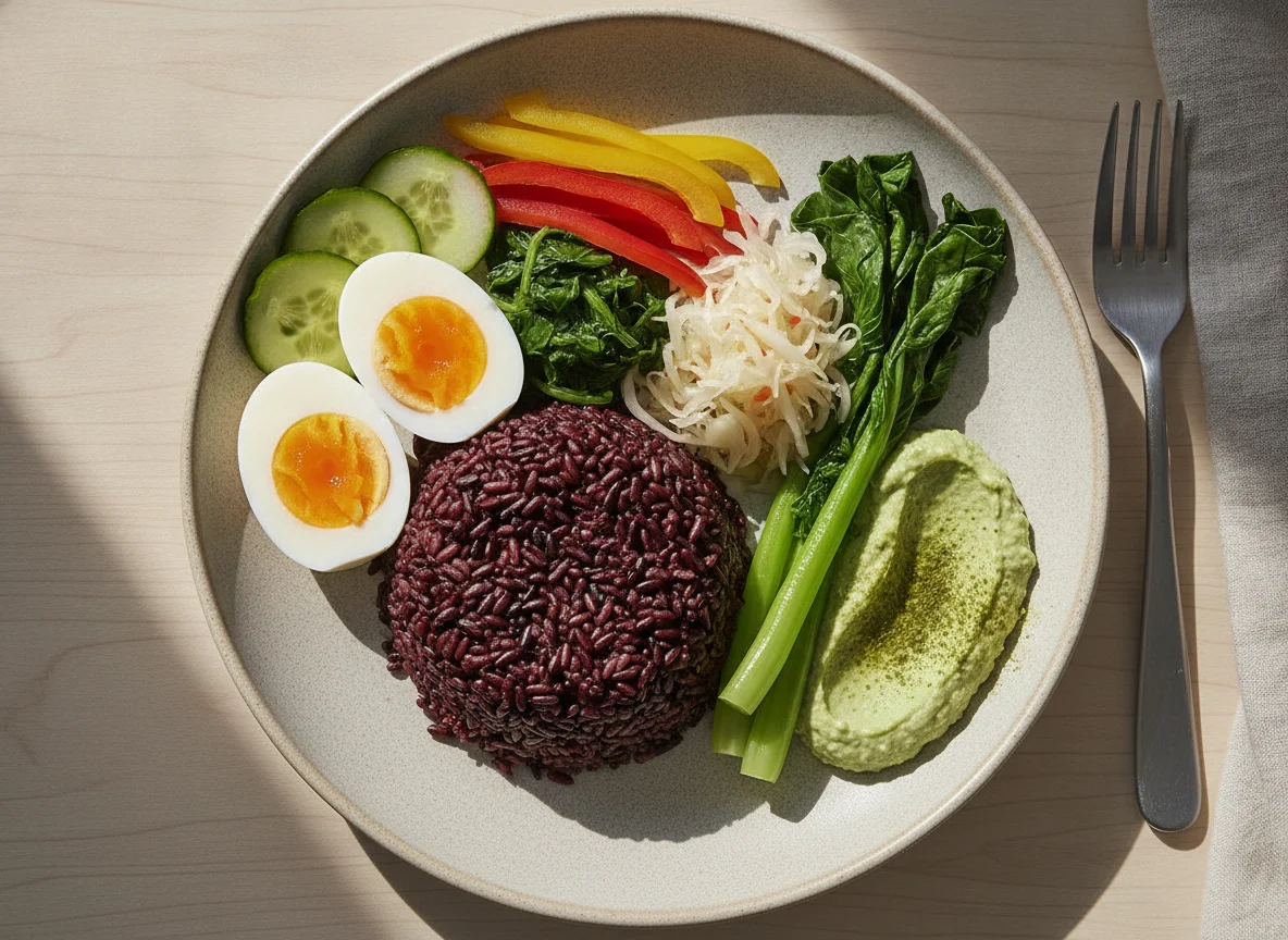 Black Rice and Vegetable Plate with Boiled Egg photo