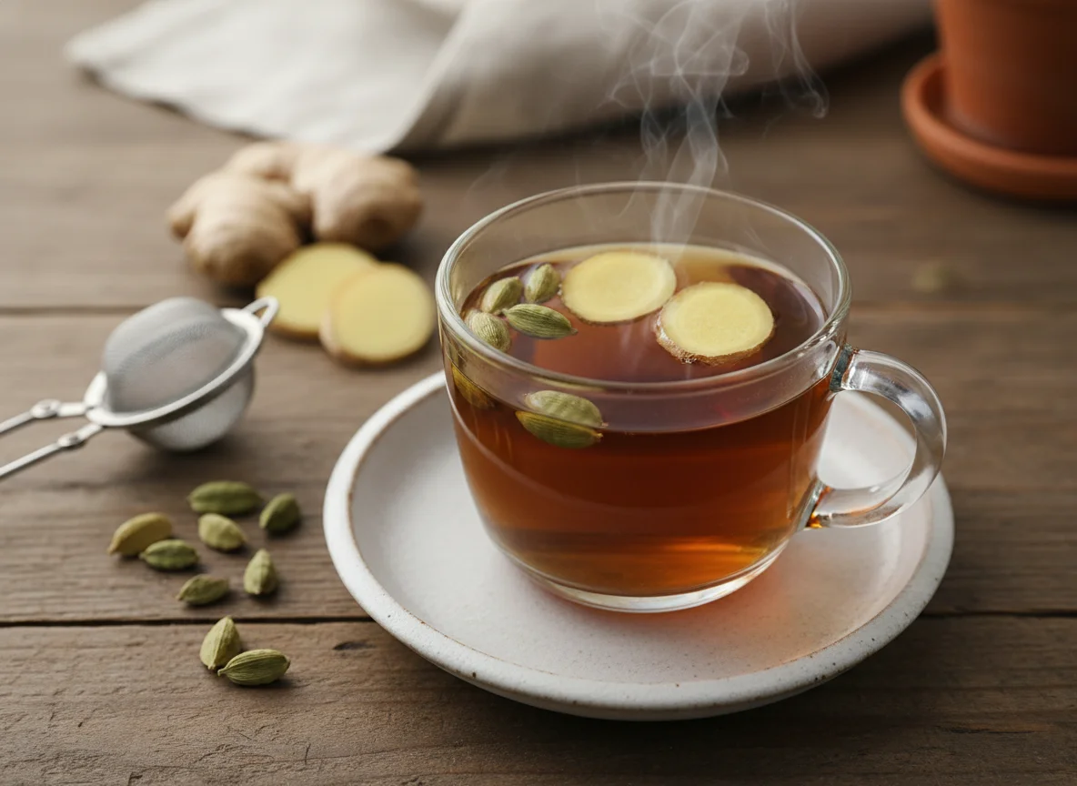 Black tea with cardamom and ginger slices photo