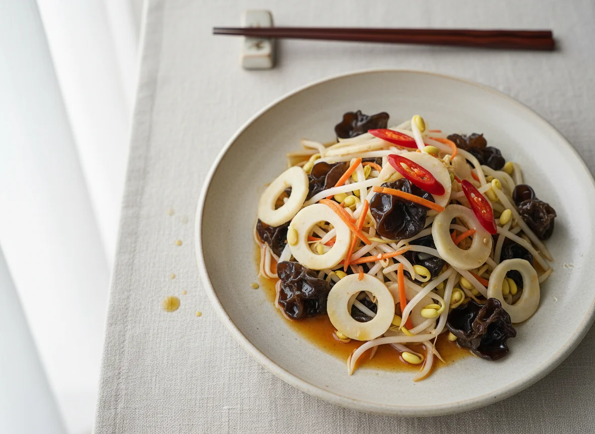 Black wood ear mushrooms with soybean sprouts and water chestnut photo