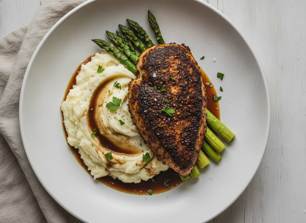 Blackened Chicken with Mashed Potatoes and Asparagus photo