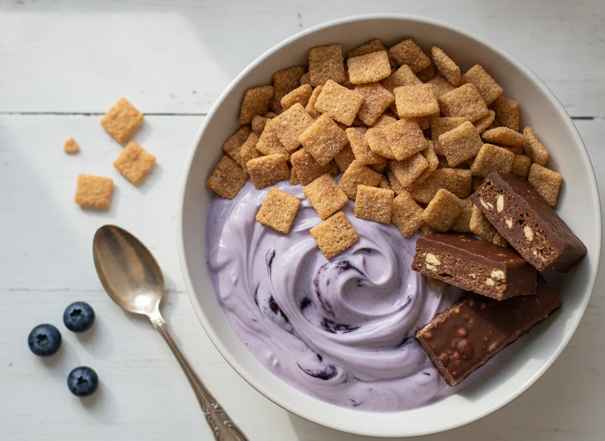 Blueberry Greek Yogurt with Cereal and Chocolate Protein Bar photo