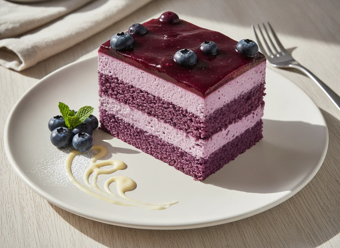 Blueberry Mousse Cake Slice photo