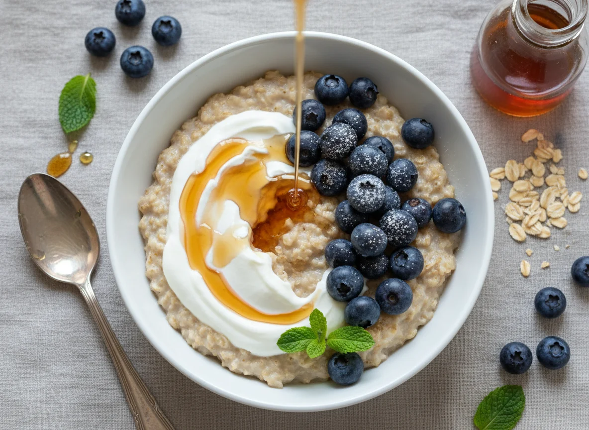Blueberry Oatmeal with Yogurt and Syrup photo