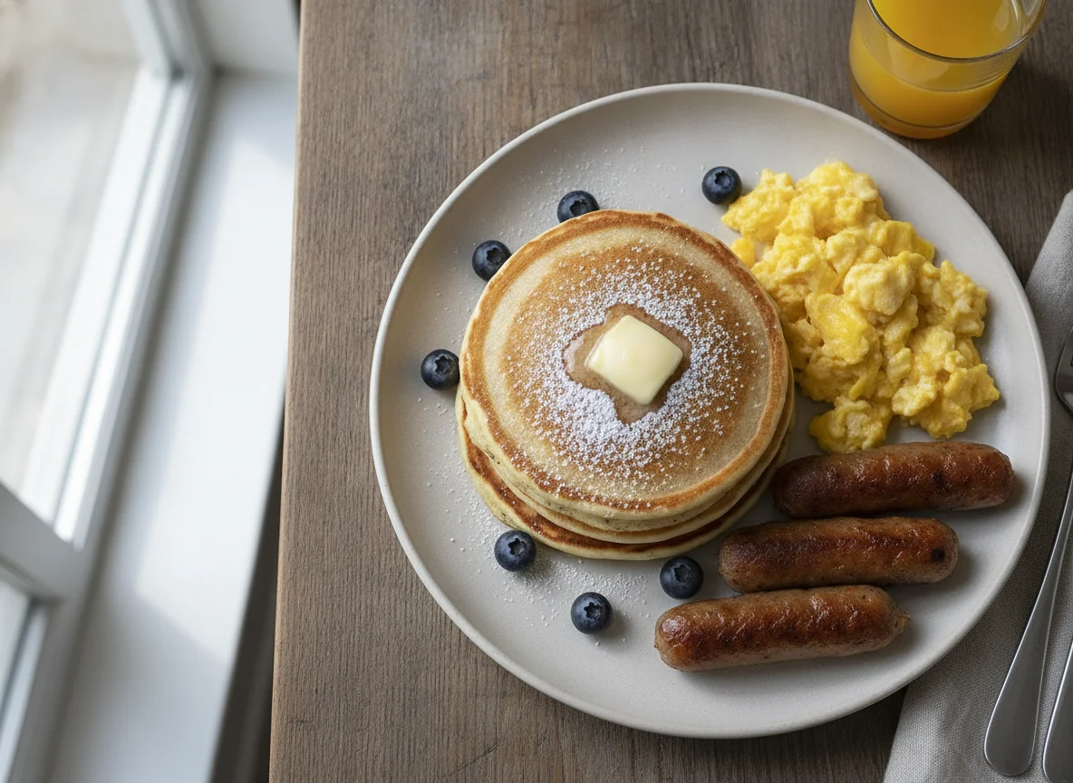 Blueberry pancakes with scrambled eggs and sausage links photo