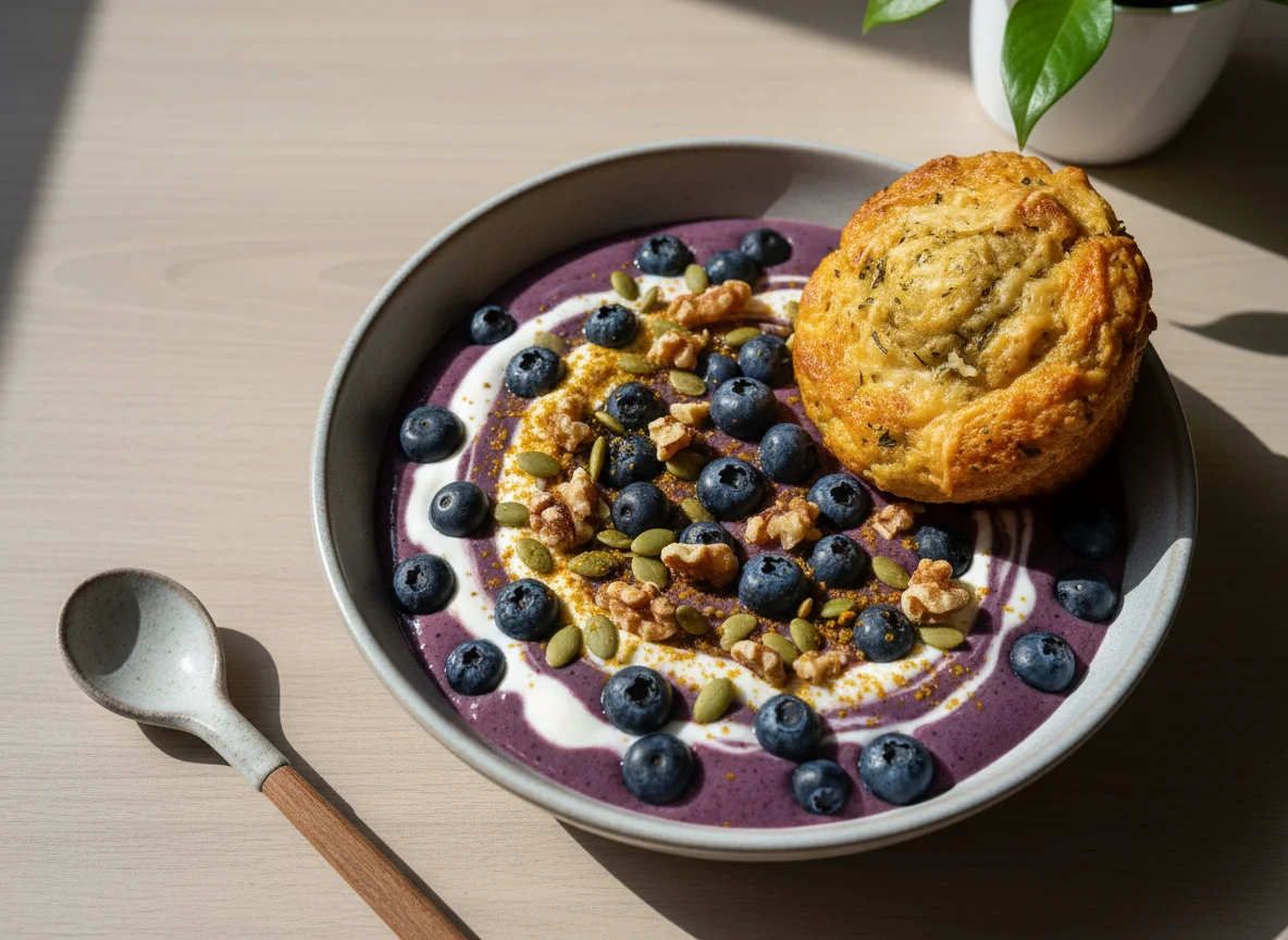 Blueberry Smoothie Bowl with Muffin photo