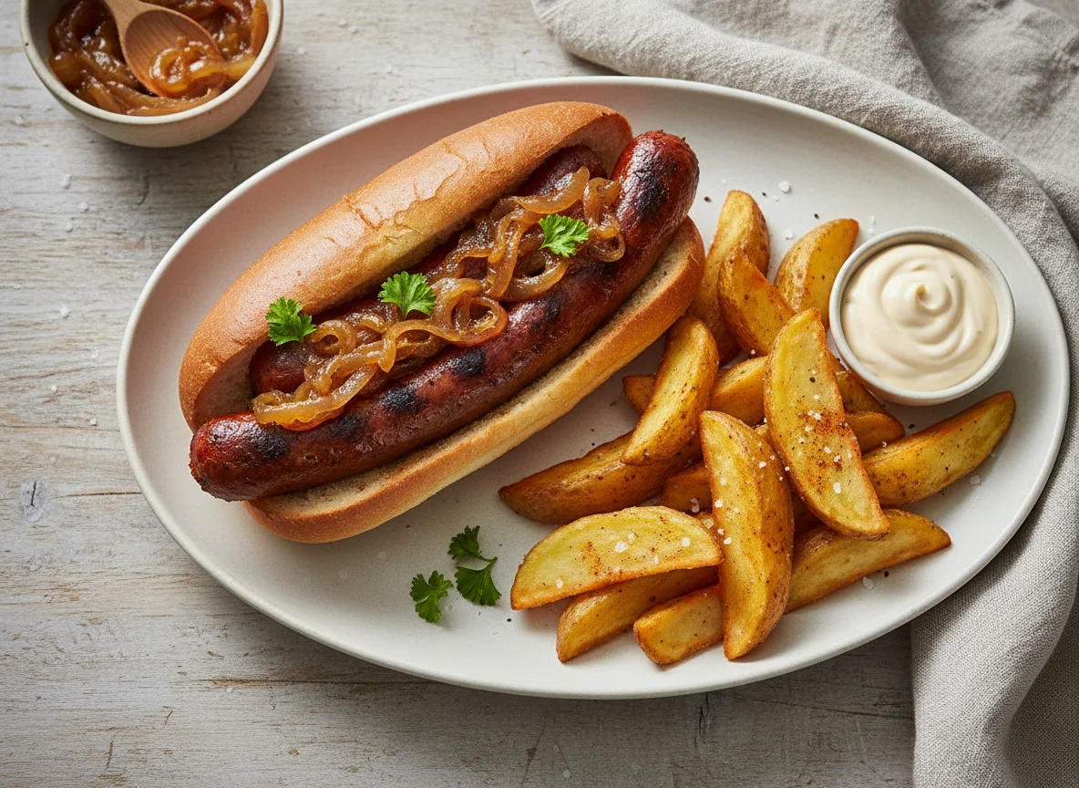 Boerewors Roll and Potato Wedges photo