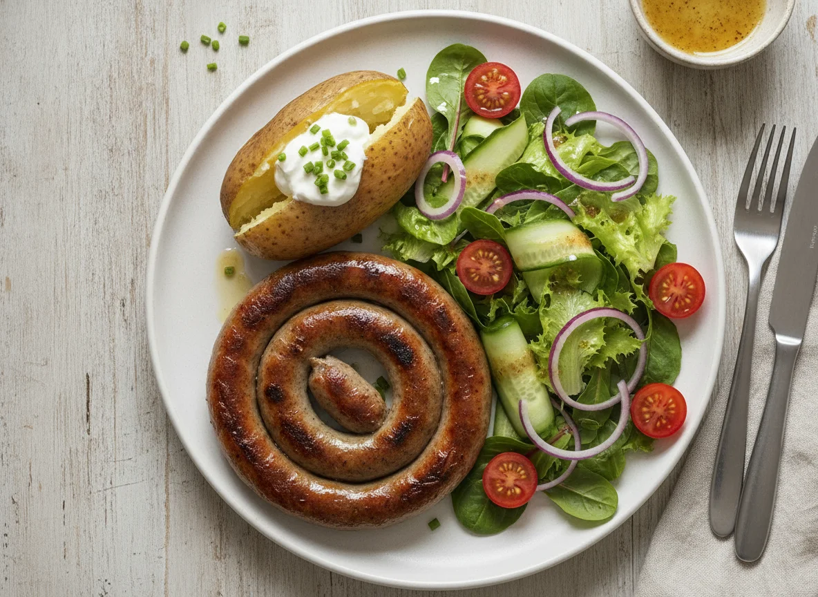Boerewors with Baked Potato and Garden Salad photo