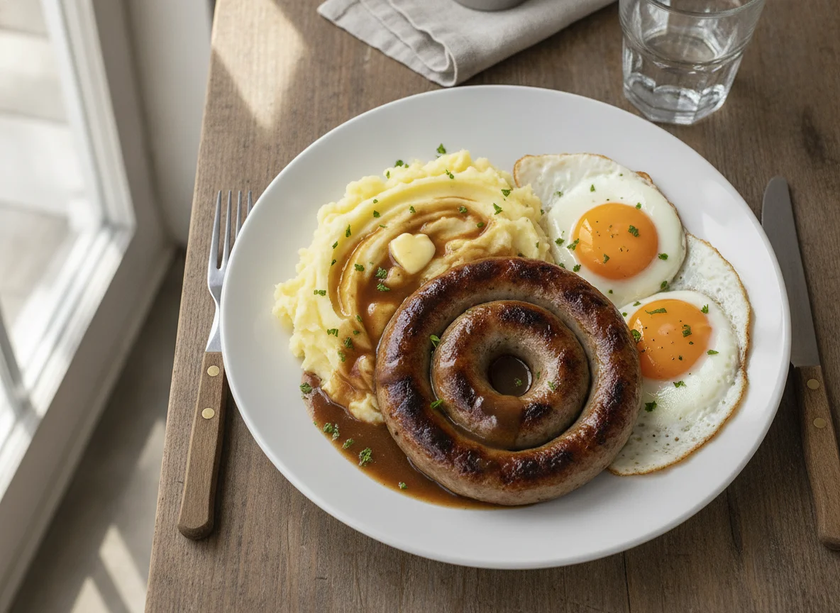 Boerewors with Mashed Potatoes and Fried Eggs photo