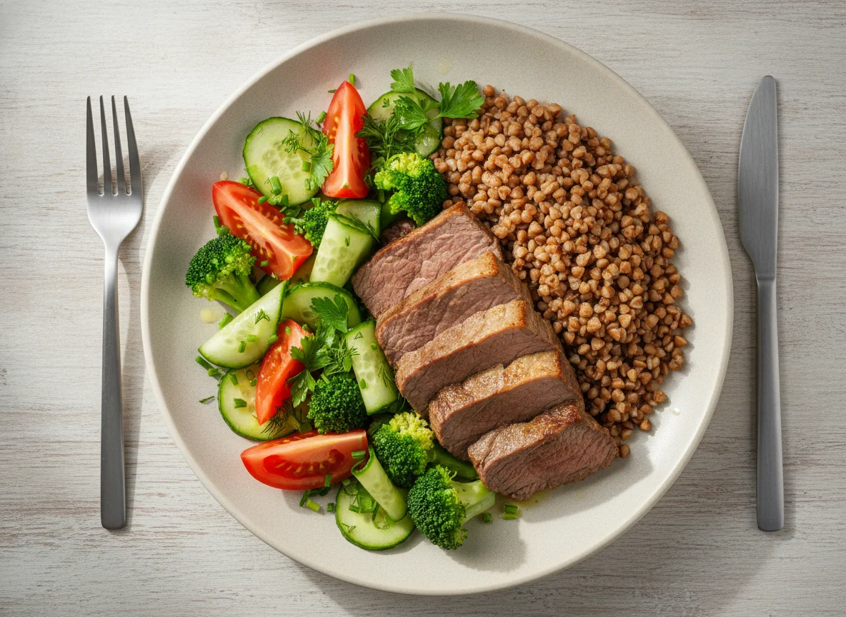 Boiled beef with buckwheat and fresh vegetable salad photo