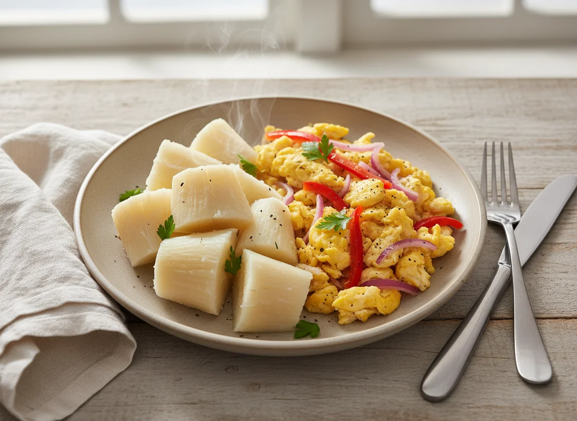 Boiled Cassava and Scrambled Eggs photo